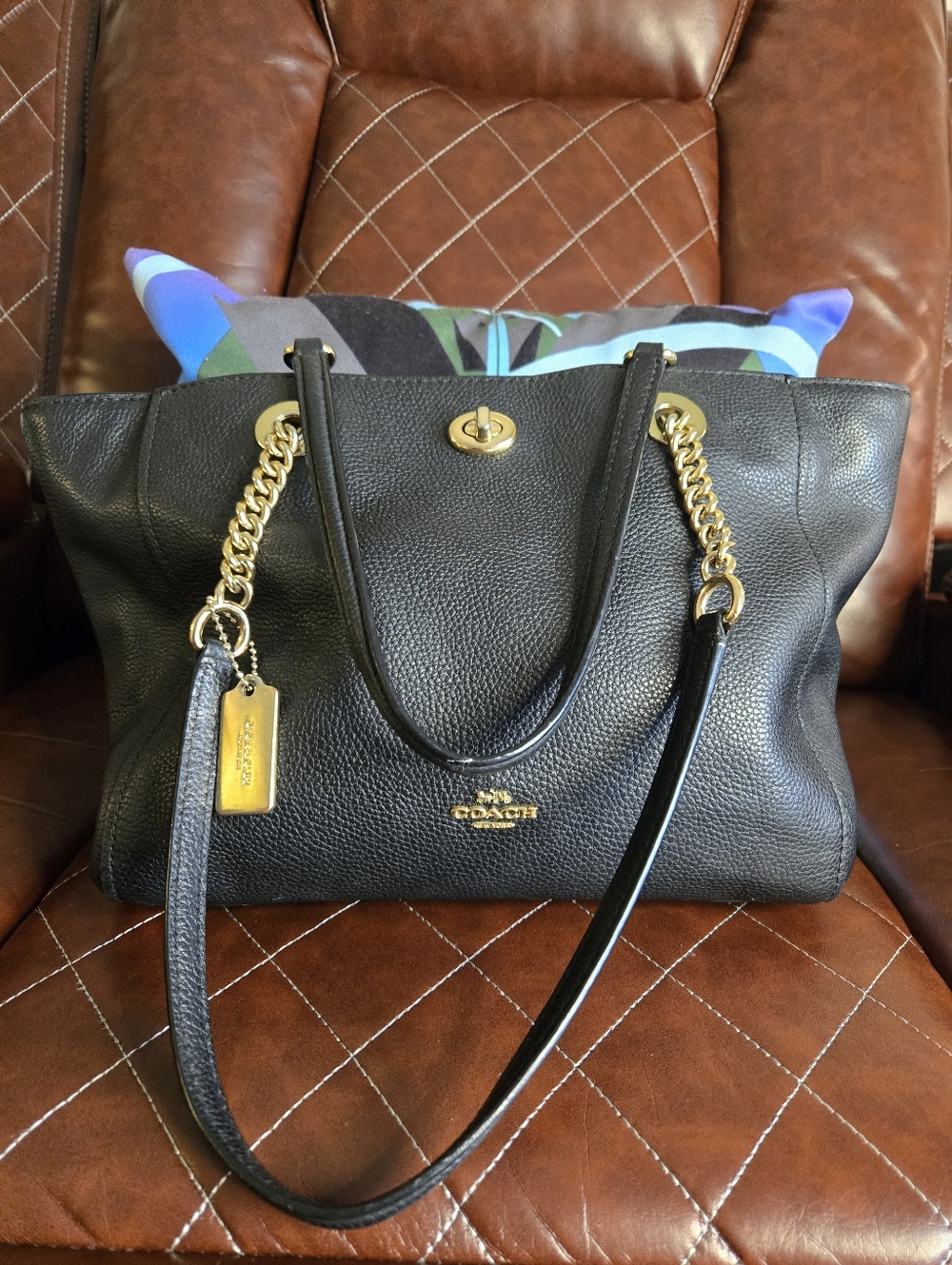 Coach Black Pebbled Leather Shoulder Tote with Gold Chain Straps